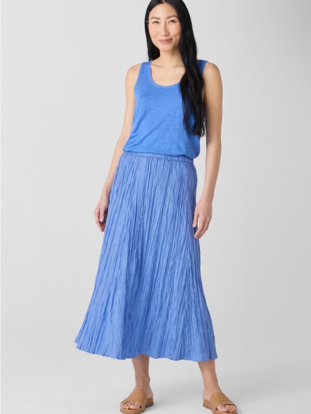 Eileen Fisher crushed crepe pleated 100% silk Ultramarine blue flared skirt NEW